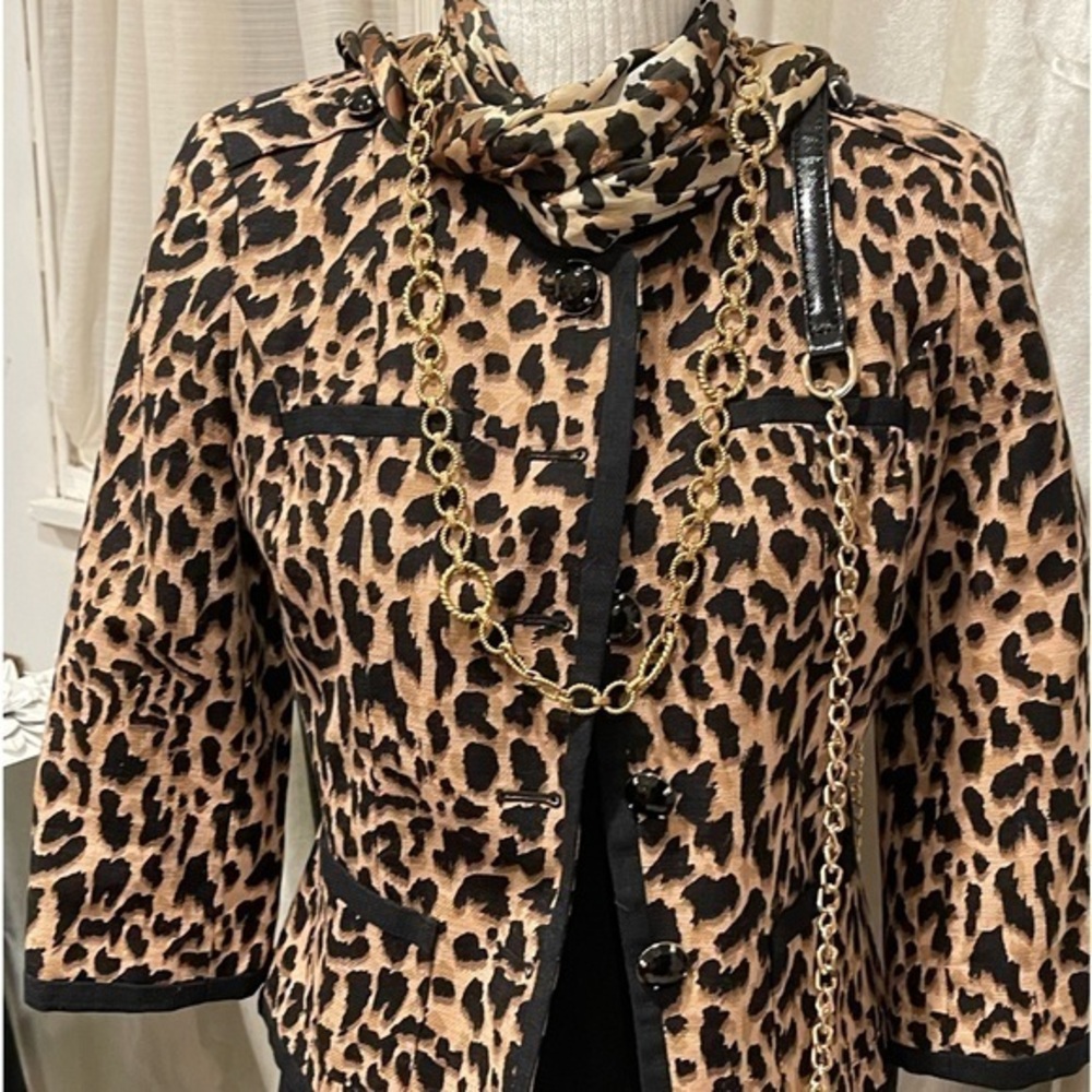 East 5th Leopard 3/4 sleeve jacket w/ jeweled lapels on shoulders and buttons